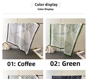 Detail view of coffee and green silk square scarves with minimalist geometric line patterns