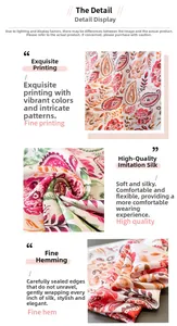 Detailed close-up of paisley floral print and refined hemming on faux silk scarf