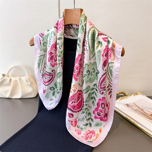 Floral paisley printed satin silk square scarf for women with elegant drape