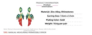 Detailed view of coconut tree earrings with colorful rhinestones and dimensions shown