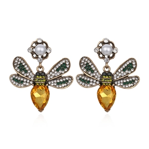 Bee Drop Earrings Vintage Gold Alloy Imitation Artificial Pearl Rhinestone Inlaid Insect Shape Water Drop Crystal Jewelry For Women