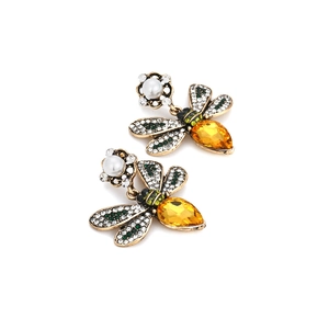 Vintage oversized bee earrings with colorful glass crystals and faux pearl accents