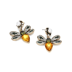 Retro insect bee earrings with multi-color crystals and faux pearl drops in gold
