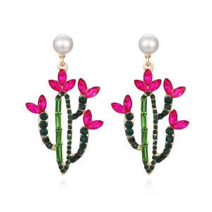 Cactus Drop Earrings Alloy Rhinestone Imitation Artificial Pearl Colorful Botanical Statement Jewelry For Women Fashion