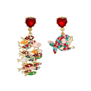 Orecchini Pendenti Pesce Asimmetrici Lega Smalto Colorato Strass Cuore Pietra Rossa Gioielli Moda Donna