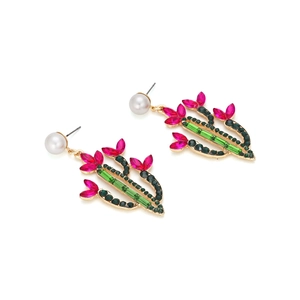 Tropical cactus earrings with colorful rhinestones and pearl studs on white background