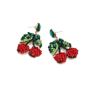 Vibrant red rhinestone cherry drop earrings with green leaves on gold alloy base