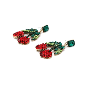 Sparkling crystal cherry drop earrings with red and green rhinestones on golden base