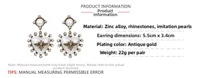 Detailed size and material specs for heart pearl bee earrings in antique gold finish
