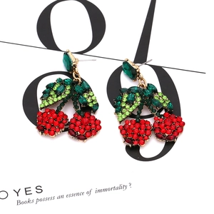 Sparkly crystal cherry drop earrings with red rhinestones and green leaf design