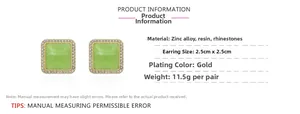 Detail showing square green resin earrings with sparkling rhinestones and gold alloy frame