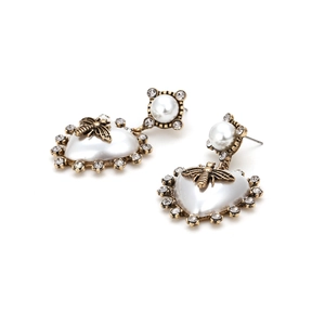 Retro baroque heart pearl earrings with gold bee and rhinestones on white background