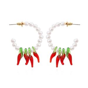Boucles D'oreilles Créoles Piment Rouge Avec Künstliche Perles D'imitation Blanches Breloques En Verre Bijoux De Mode Pour Femmes