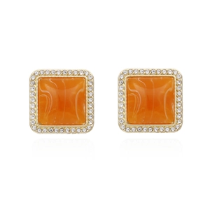 Square geometric earrings with orange marble resin and sparkling white rhinestones