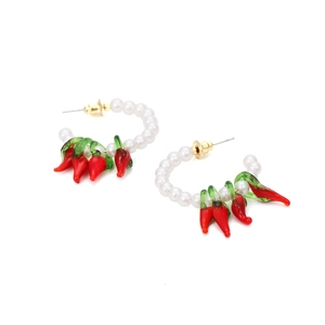 Boucles d'oreilles créoles en perles avec pendentifs piment en verre rouge pour femmes