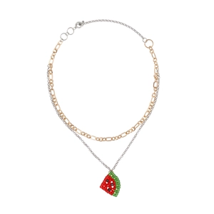 Layered Watermelon Pendant Necklace Two-Tone Metal Chain Handmade Woven Beads Fruit Style For Women