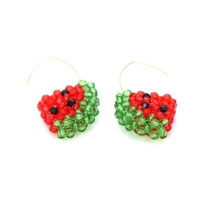 Handmade beaded watermelon slice drop earrings with red green faceted beads and gold hooks