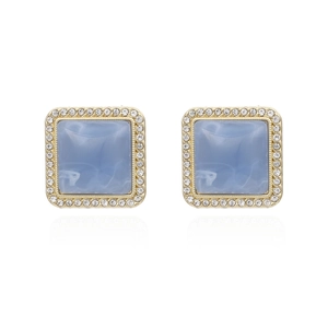 Elegant gold square stud earrings with light blue resin stone and shimmering rhinestones