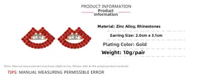 Detailed size specifications for rhinestone lip earrings measuring 2.0cm by 3.1cm