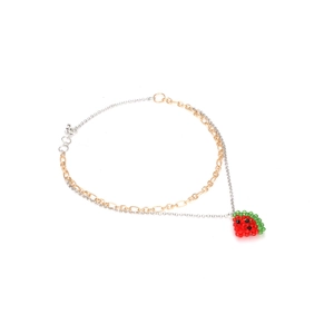 Dual-tone chain necklace with handmade beaded strawberry pendant in a layered design