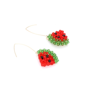 Handmade beaded watermelon slice earrings with red and green seed beads on gold hooks