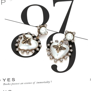 Baroque vintage heart pearl bee earrings with crystal accents in antique gold style