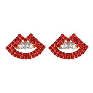 Rhinestone Red Lip Stud Earrings Gold Alloy Lip Shape Exaggerated Retro Sparkly Personality Jewelry For Women