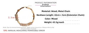 Detailed specs of handmade wooden beaded necklace with geometric charms and size data