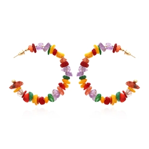 Boucles D'oreilles Créoles En Forme De C Avec Pierres Irrégulières Multicolores Pour Femmes Alliage Or Bohème Ethnique