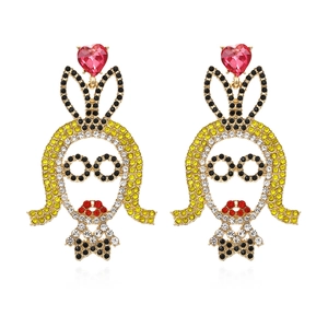 Cartoon Girl Drop Earrings With Multicolored Rhinestones And Pink Heart Crystal Pop Art Alloy Jewelry For Women
