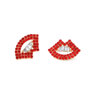Creative rhinestone lip earrings with red round crystals and square teeth accents