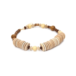 Handmade chunky wooden bead necklace featuring geometric disks and round balls