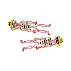 Exaggerated cartoon figure drop earrings with colorful rhinestones on white background