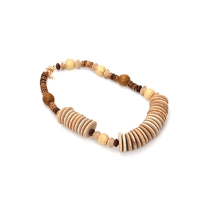 Handmade beaded wooden necklace with geometric shapes and striped beads on white background
