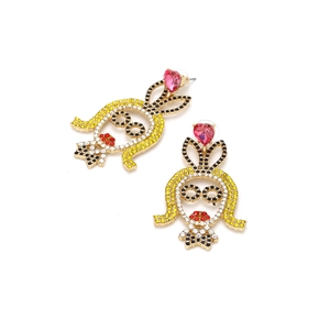 Cartoon girl earrings with multicolor rhinestones and pink heart crystal on gold alloy