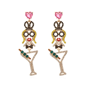 Boucles D'oreilles Longues Alliage Strass Coeur Rose Fille Dessin Animé Verre À Martini Bijoux Mode Pour Femmes