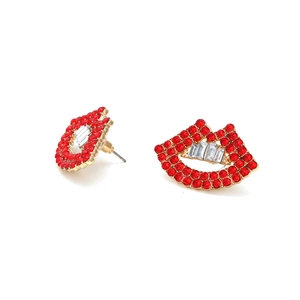 Creative gold alloy lip earrings with sparkling red rhinestones and white crystal accents
