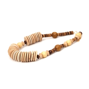 Ethnic beaded wooden necklace with geometric light-colored wood slices and brown spheres