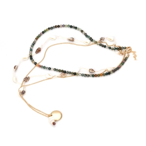 Bohemian multi-layer necklace with sea shells and colorful beads on a gold chain