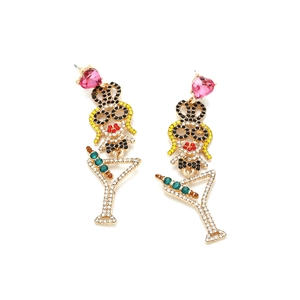 Boucles d'oreilles fille cartoon et verre à martini avec cristaux multicolores