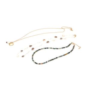 Three-piece bohemian necklace set with seashells, colorful stone beads and gold pendants