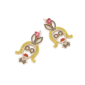 Pop art girl earrings with multicolor rhinestones and pink heart-shaped crystal studs