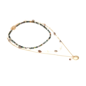 Three-layer bohemian beaded necklace with natural seashells and gold metallic pendant