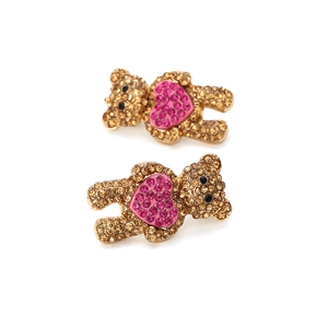 Boucles d'oreilles ours en métal doré avec strass champagne et détail de cœur rose brillant