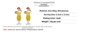 Detailed view of rhinestone cocktail glass earrings with dimensions and material specs