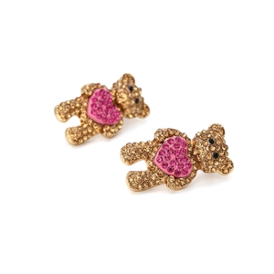 Boucles d'oreilles ours en peluche avec cristaux champagne et cœur rose en or