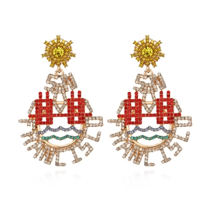 Zinc Alloy Colorful Rhinestone Drop Earrings Hollow Sun Pattern Lettering Bohemian Style Exaggerated Dangle For Women