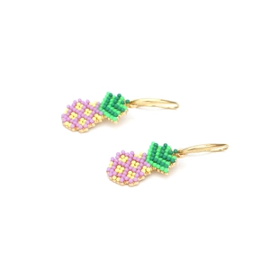 Handmade beaded pineapple earrings with vibrant purple and yellow beads on gold hooks