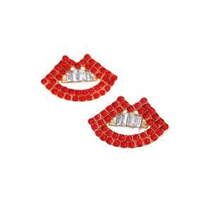 Sparkling red lip stud earrings with hollow design and crystal rhinestone accents