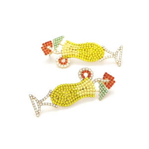 Exaggerated cocktail glass earrings with colorful rhinestones in gold alloy setting